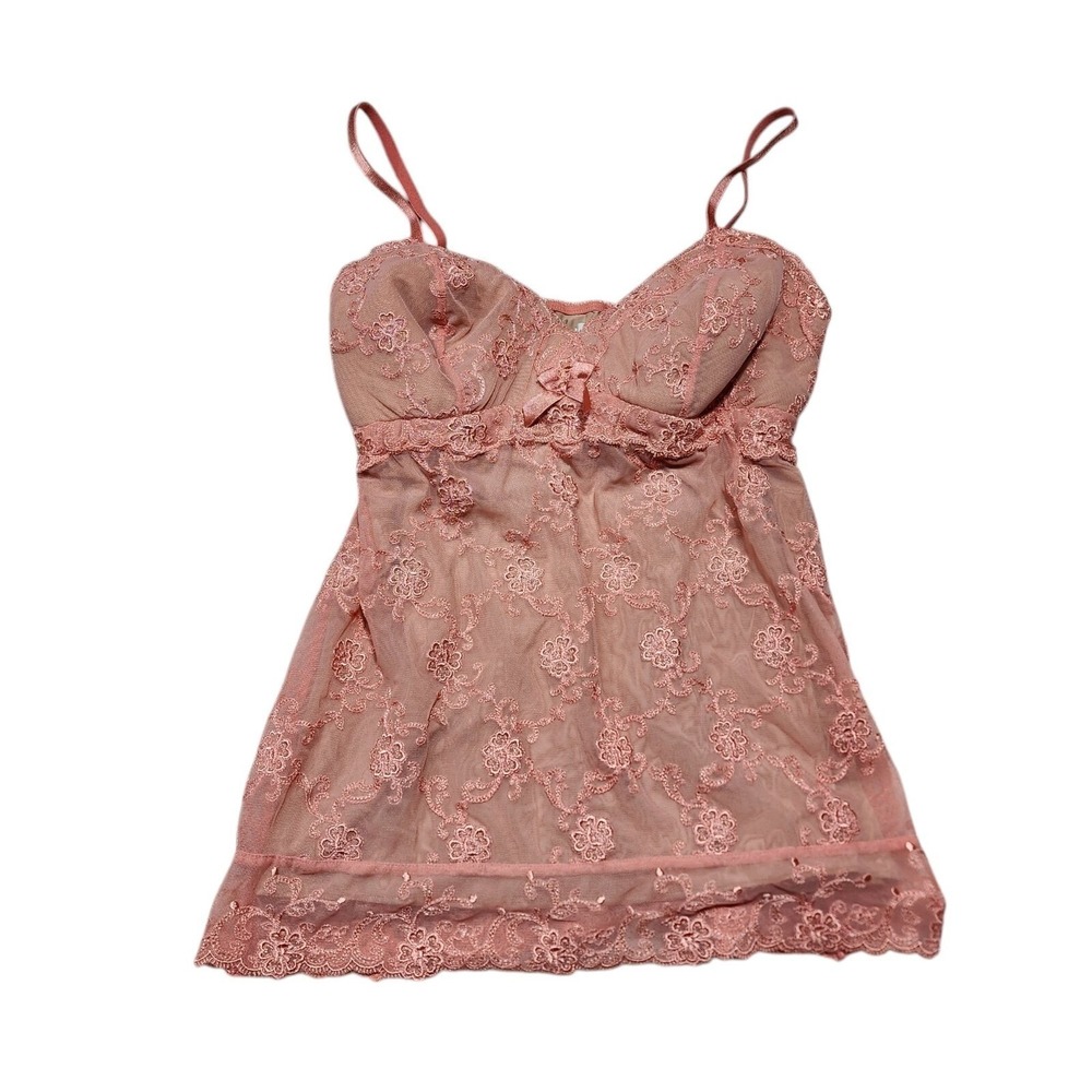 Soma Babydoll Chemise Women Medium‎ Pink Lace Floral Mesh Lingerie Nightgown